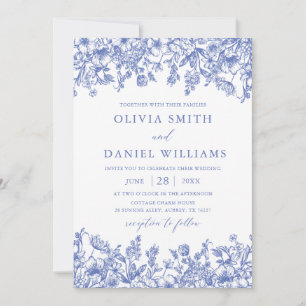 Elegant Victorian Blue Floral Wildflower Wedding Invitation