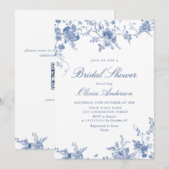 Elegant Victorian Blue French Floral BRIDAL SHOWER Invitation (Front/Back)