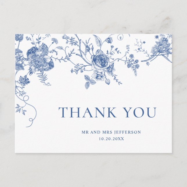 Elegant Victorian Blue French Floral Thank You Postcard (Front)