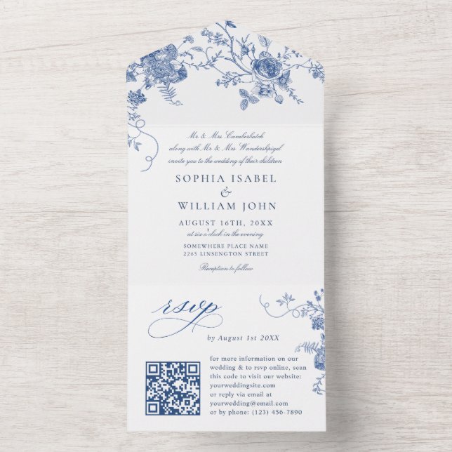 Elegant Victorian Blue French Floral Wedding All In One Invitation (Inside)