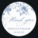Elegant Victorian Blue French Floral Wedding Classic Round Sticker<br><div class="desc">For further customisation,  please click the "customise further" link and use our design tool to modify this template. 
If you need help or matching items,  please contact me.</div>