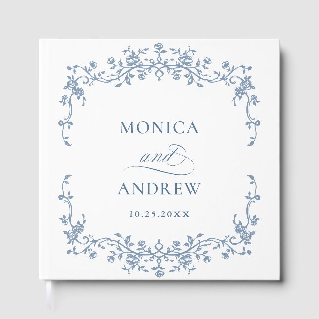 Elegant Victorian Blue French Floral Wedding Guest Book (Front)