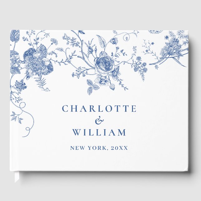 Elegant Victorian Blue French Floral Wedding Guest Book (Front)
