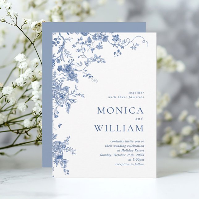 Elegant Victorian Blue French Floral Wedding Invitation (Creator Uploaded)