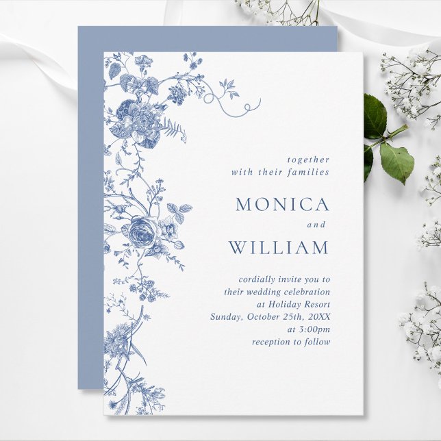 Elegant Victorian Blue French Floral Wedding Invitation (Creator Uploaded)