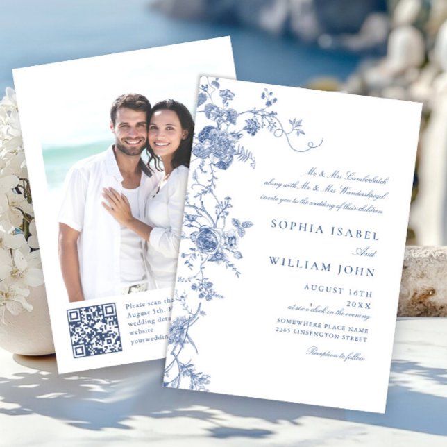 Elegant Victorian Blue French Floral Wedding Invitation (Creator Uploaded)