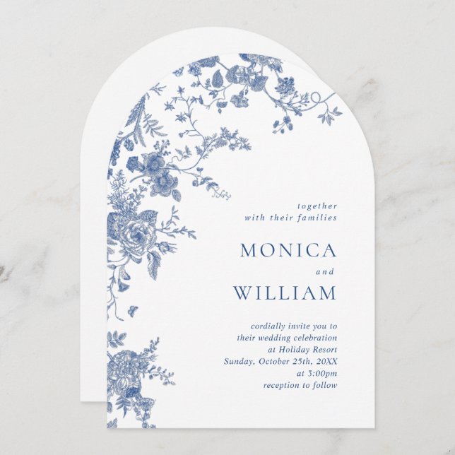 Elegant Victorian Blue French Floral Wedding Invitation (Front/Back)