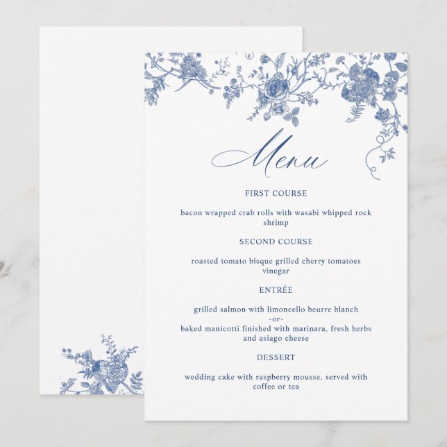 Elegant Victorian Blue French Floral Wedding Menu (Front/Back)