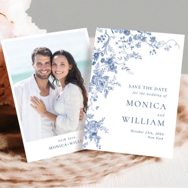 Elegant Victorian Blue French Floral Wedding Photo Save The Date (Creator Uploaded)