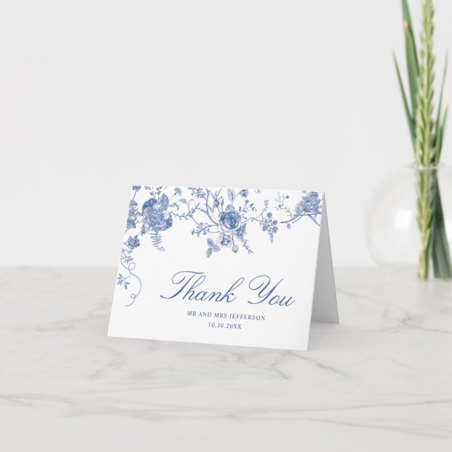 Elegant Victorian Blue French Floral Wedding Thank You Card (Front)