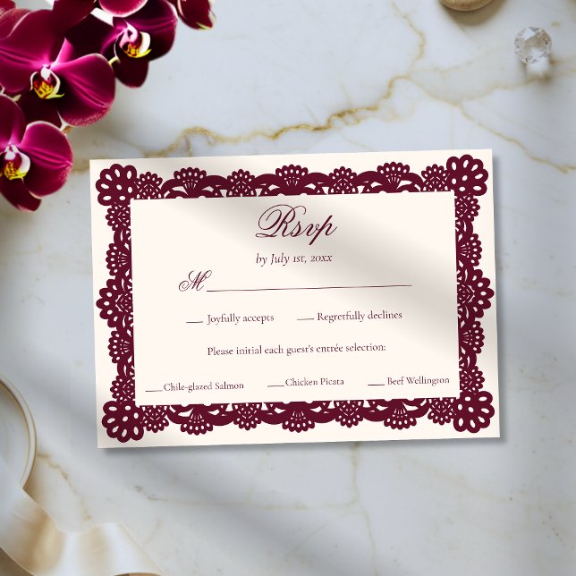 Elegant Victorian Burgundy Ivory Lace Wedding Meal RSVP Card (Creator Uploaded)