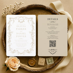 Elegant Victorian Champagne Beige QR Code Wedding Invitation