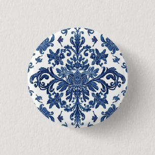 Elegant Victorian Damask Flower Pattern Navy Blue 3 Cm Round Badge