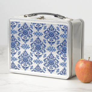 Elegant Victorian Damask Flower Pattern Navy Blue Metal Lunch Box