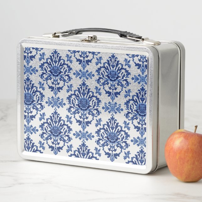 Elegant Victorian Damask Flower Pattern Navy Blue  Metal Lunch Box (In Situ)