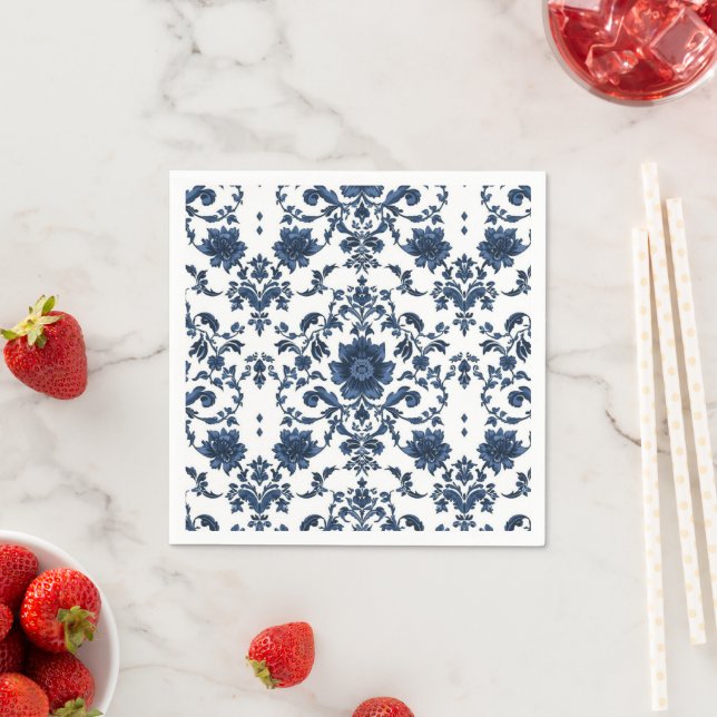 Elegant Victorian Damask Flower Pattern Navy Blue  Napkin (Insitu)