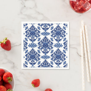 Elegant Victorian Damask Flower Pattern Navy Blue  Napkin