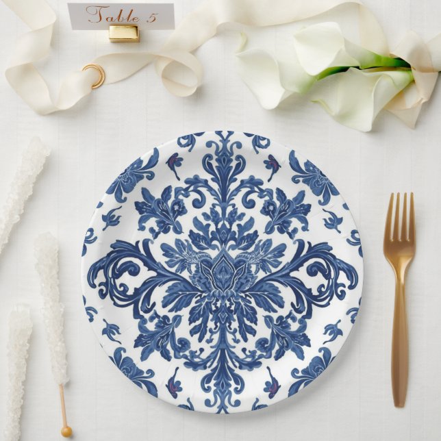 Elegant Victorian Damask Flower Pattern Navy Blue  Paper Plate (Wedding)