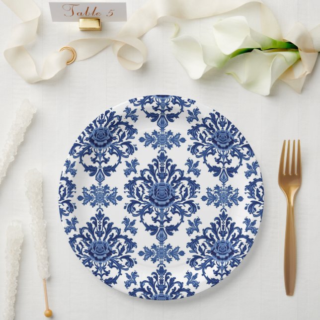 Elegant Victorian Damask Flower Pattern Navy Blue  Paper Plate (Wedding)