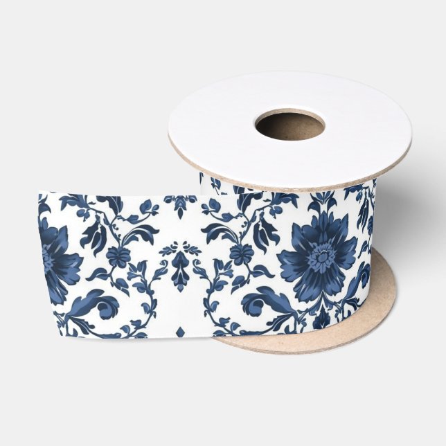 Elegant Victorian Damask Flower Pattern Navy Blue  Satin Ribbon (Spool)
