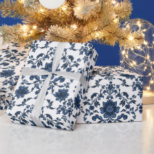 Elegant Victorian Damask Flower Pattern Navy Blue  Wrapping Paper
