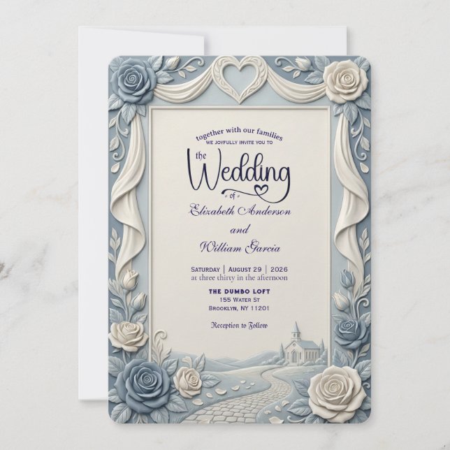 Elegant Victorian Dusty Blue Faux Embossed Rose Invitation (Front)