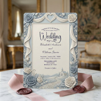 Elegant Victorian Dusty Blue Faux Embossed Rose Invitation
