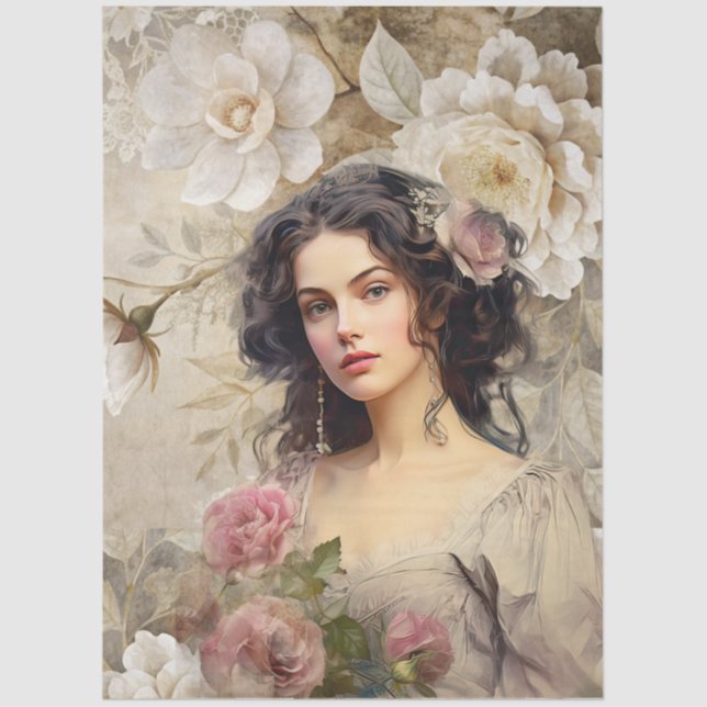 Elegant Victorian Era Lady White & Pink Florals Tissue Paper (Front)
