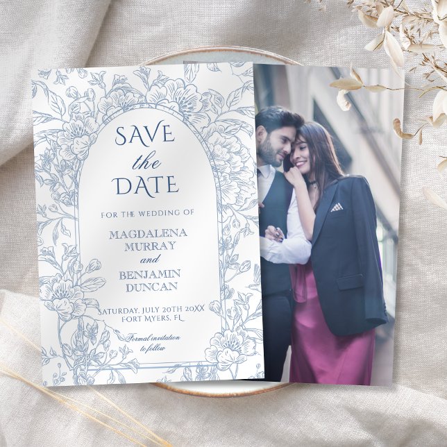 Elegant Victorian Floral French Blue Toile Photo Save The Date (Creator Uploaded)
