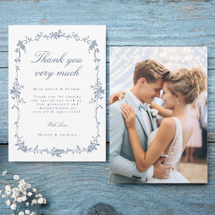 Elegant Victorian French Blue Floral Wedding Photo Thank You Card
