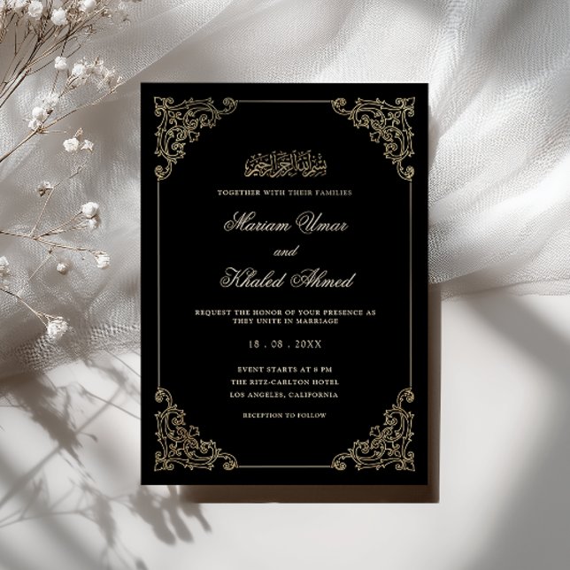 Elegant Victorian Gold Frame Black Muslim Wedding Invitation (Creator Uploaded)