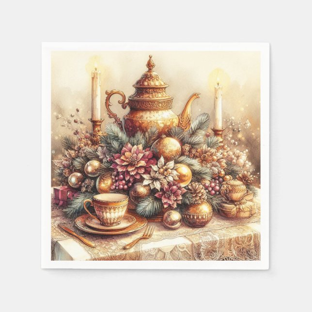 Elegant Victorian Gold Teapot Christmas Floral  Napkin (Front)