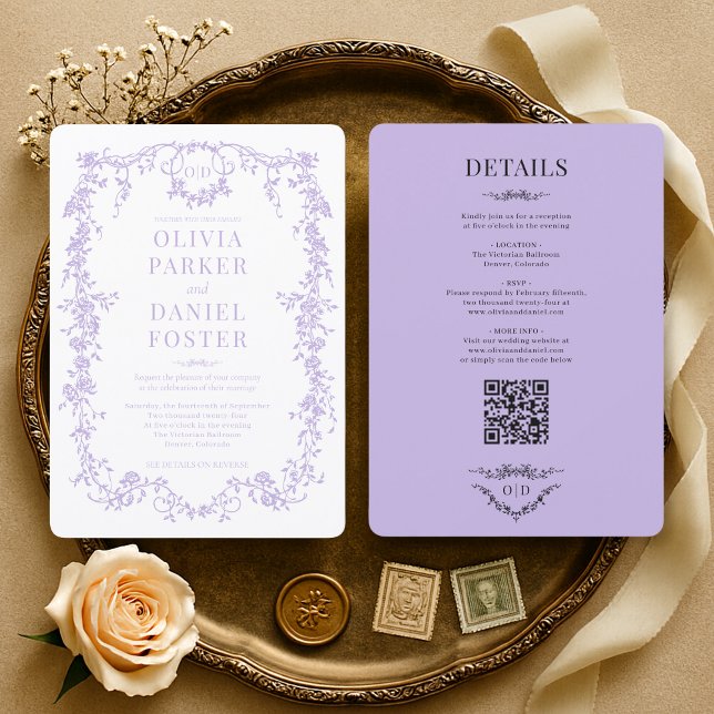 Elegant Victorian Lilac Purple All in One Wedding Invitation (Creator Uploaded)