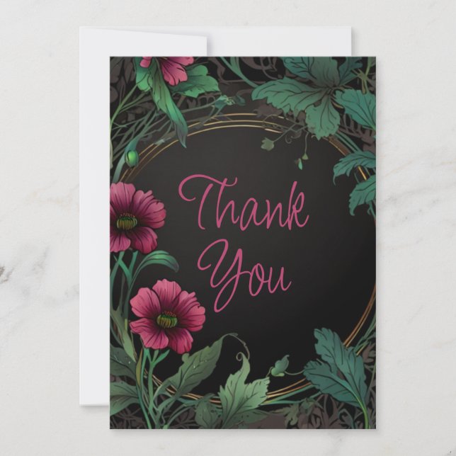 Elegant victorian moody dark green pink floral thank you card (Front)