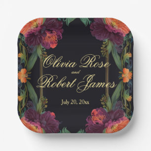Elegant Victorian moody dark pink magenta floral Paper Plate