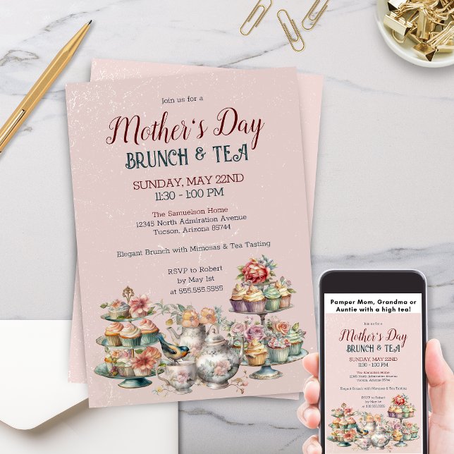 Elegant Victorian Mother's Day Brunch Tea Party Invitation (Elegant Victorian Mother's Day Tea Party Invitation with Floral Greenery and Vintage Pastries)