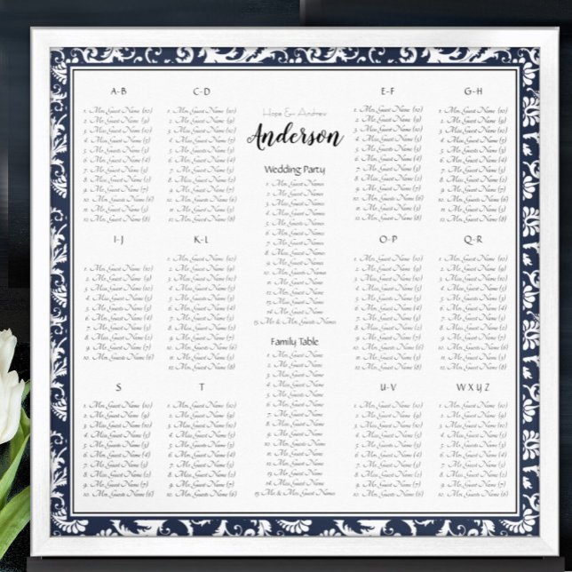 Elegant Victorian Navy Blue Damask Seating Chart (Creator Uploaded)