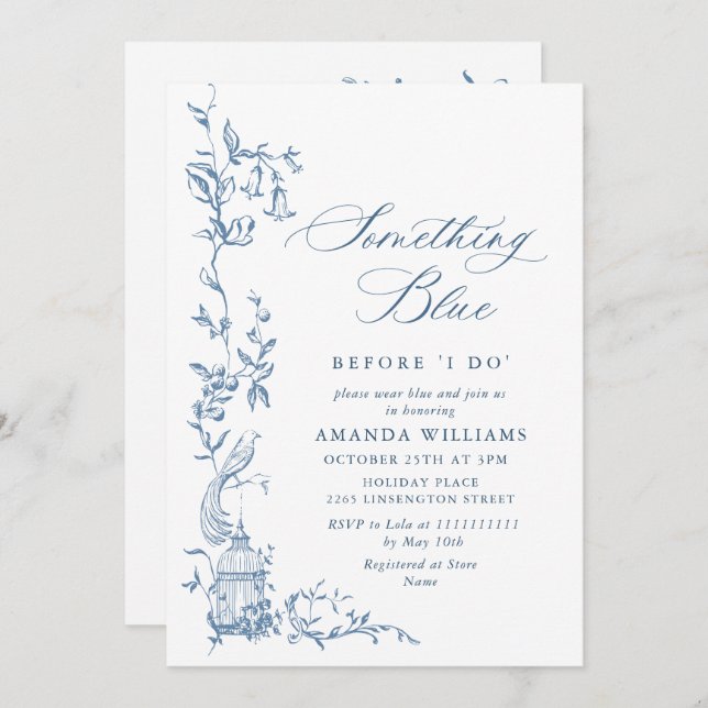 Elegant Victorian Ornate Blue Floral Bridal Shower Invitation (Front/Back)
