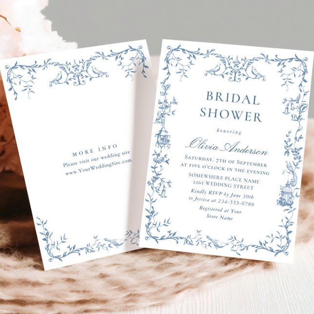 Elegant Victorian Ornate Blue Floral Bridal Shower Invitation (Creator Uploaded)