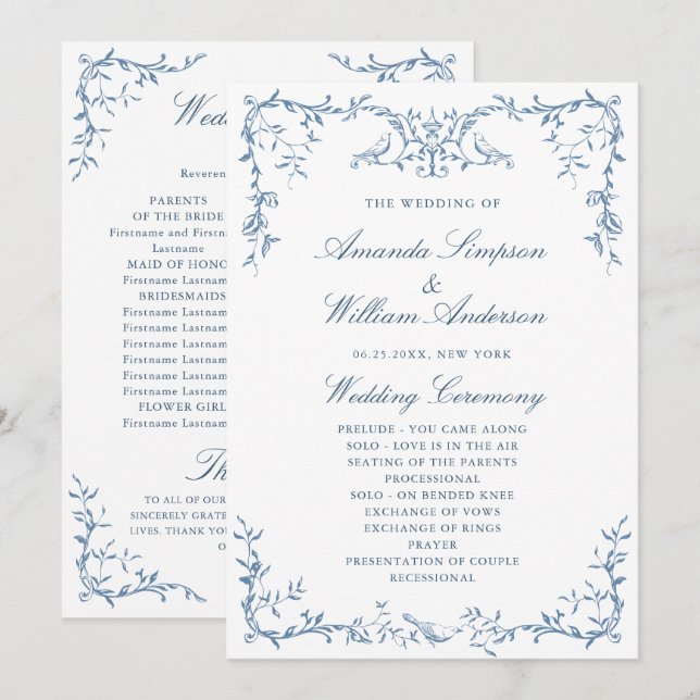 Elegant Victorian Ornate Blue Floral Wedding  Programme (Front/Back)