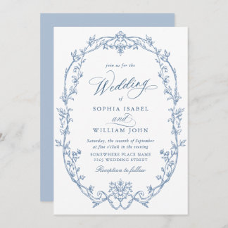 Elegant Victorian Ornate Floral Dusty Blue Wedding Invitation