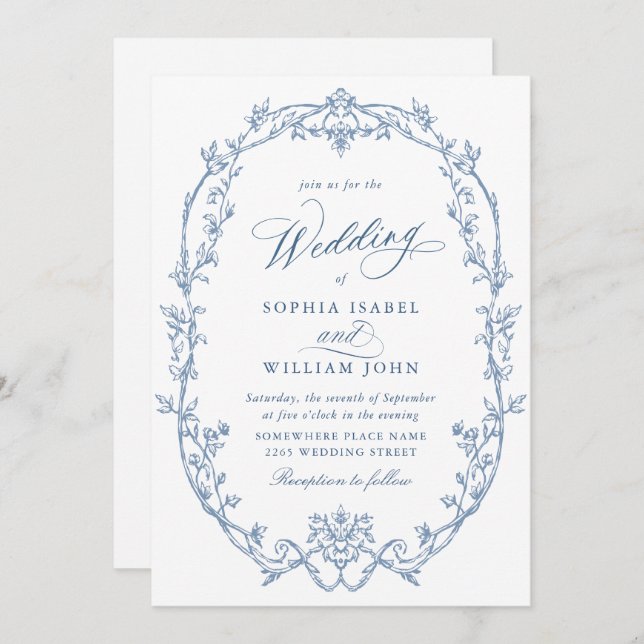 Elegant Victorian Ornate Floral Dusty Blue Wedding Invitation (Front/Back)