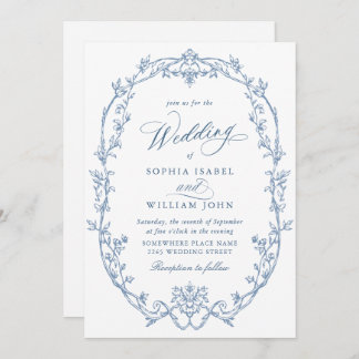 Elegant Victorian Ornate Floral Dusty Blue Wedding Invitation
