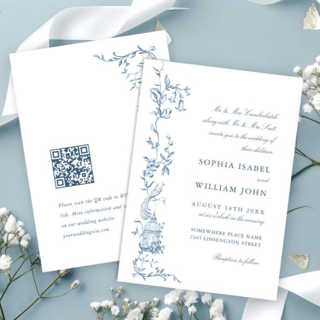 Elegant Victorian Ornate Floral Dusty Blue Wedding Invitation (Creator Uploaded)