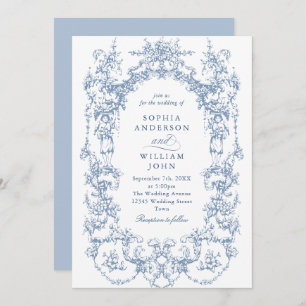 Elegant Victorian Ornate Floral Dusty Blue Wedding Invitation