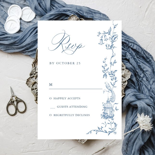 Elegant Victorian Ornate Floral Dusty Blue Wedding RSVP Card (Creator Uploaded)