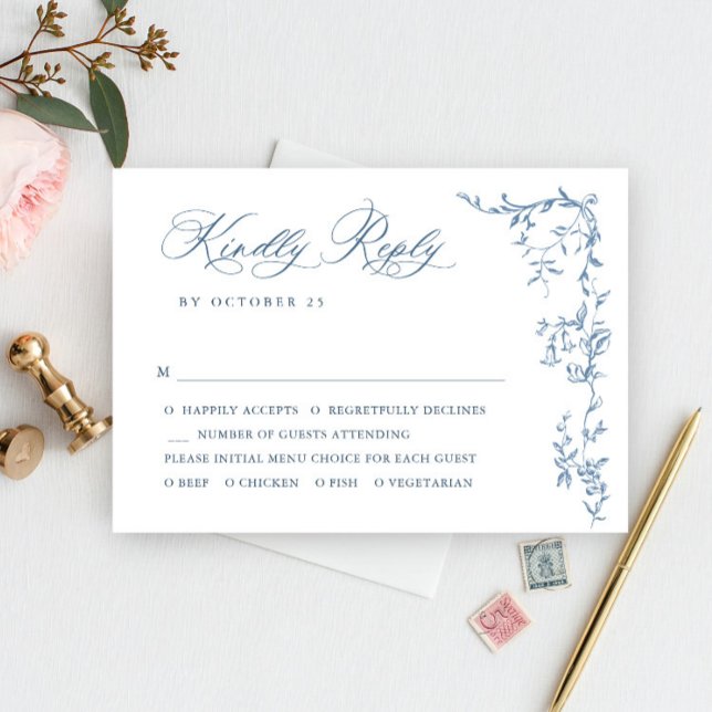Elegant Victorian Ornate Floral Dusty Blue Wedding RSVP Card (Creator Uploaded)
