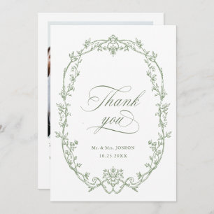 Elegant Victorian Ornate Sage Green Wedding Photo Thank You Card