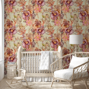Elegant Victorian Pastel Steampunk Floral Wallpaper