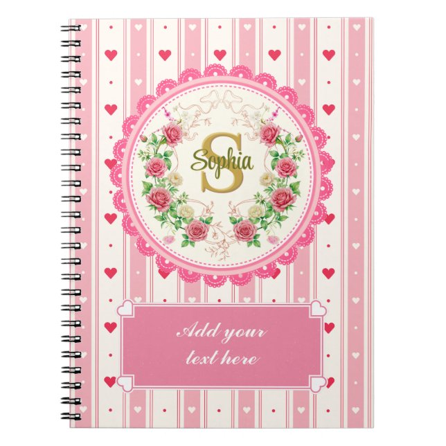 Elegant Victorian Pink Rose Floral Monogram Notebook (Front)